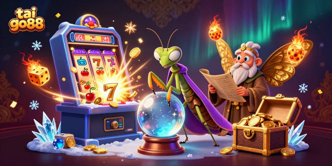 Experience the vibrant world of tai go88 with a dynamic scene showcasing fortune tellers and slot machines.
