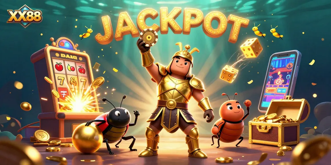Experience the thrill of winning at XX88, featuring a heroic beetle and dynamic casino elements.
