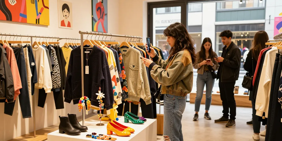 Young woman enjoying an urban shopping experience at https://forumup.org/shop/search.php?ca_id=&addr1=&addr2=&addr3=&schKeyword= surrounded by vibrant fashion displays.