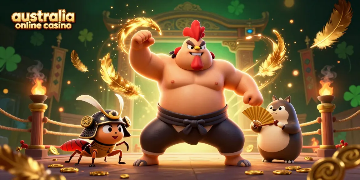 Exciting scene showcasing australia online casino action with a powerful sumo rooster and samurai cricket.