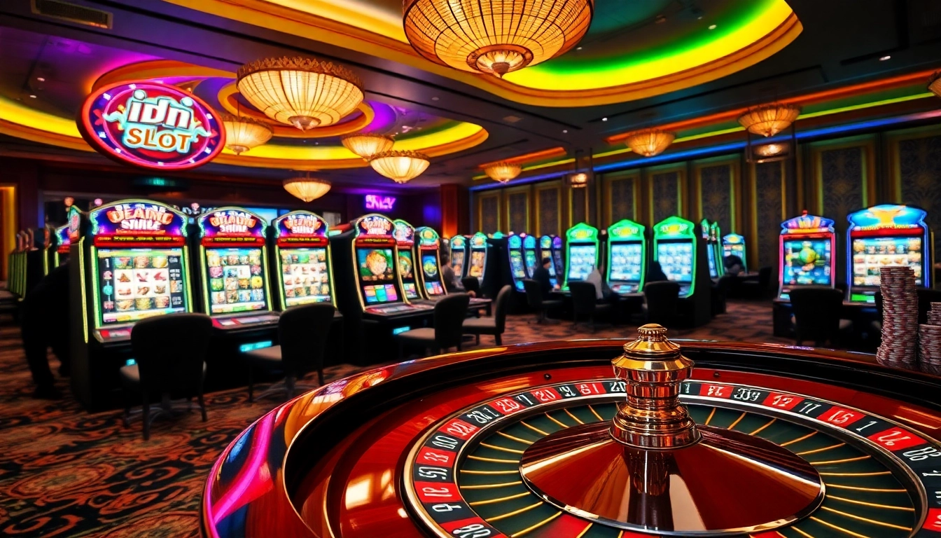 Players experiencing thrilling idnslot games at a luxurious casino, surrounded by vibrant machines and roulette wheel.