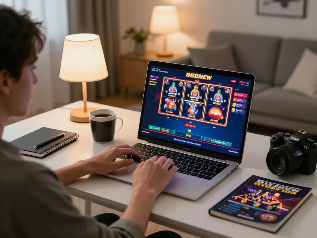 Engaging player enjoying 888NEW online casino games in a stylish home setting