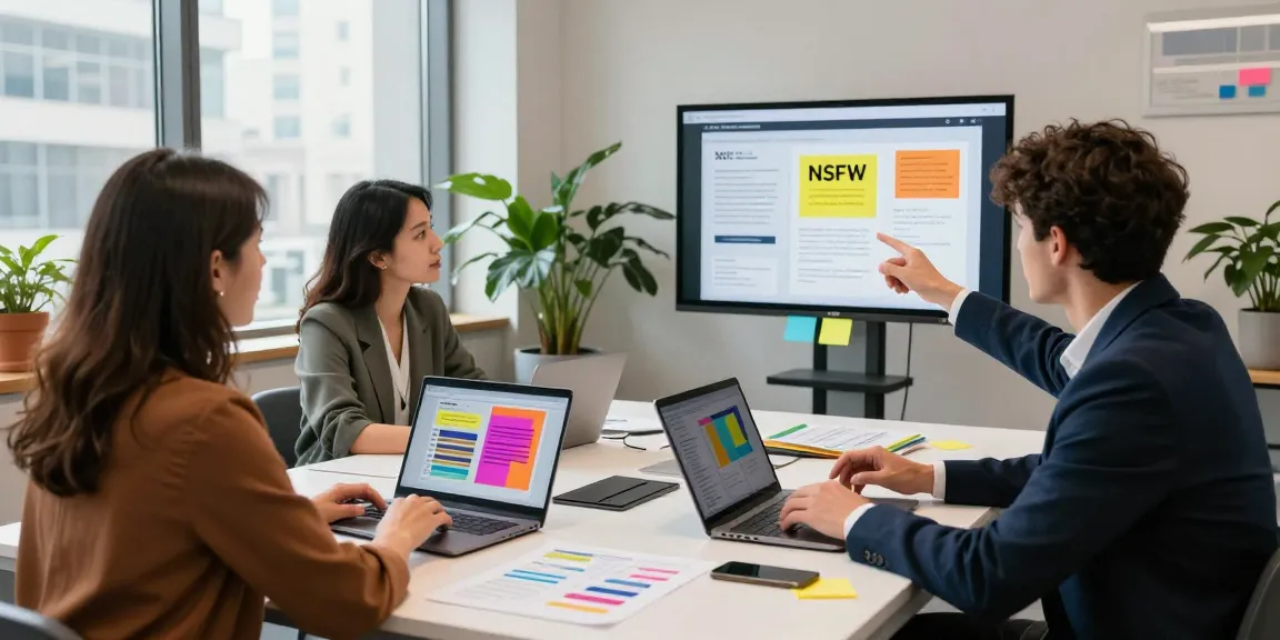 Engaged professionals discussing NSFW content warnings in a modern office.