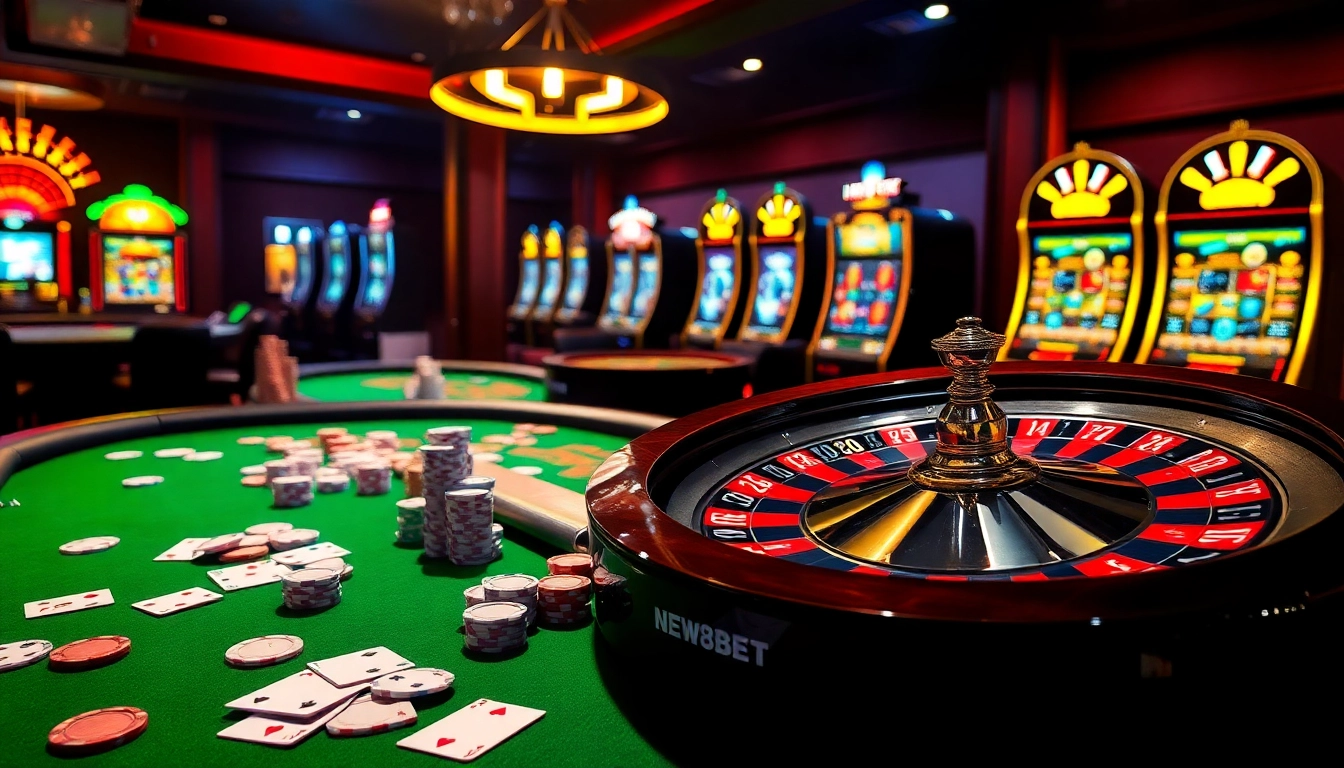 Experience the excitement of new88bet as players engage in thrilling casino games with vibrant tables and poker chips.