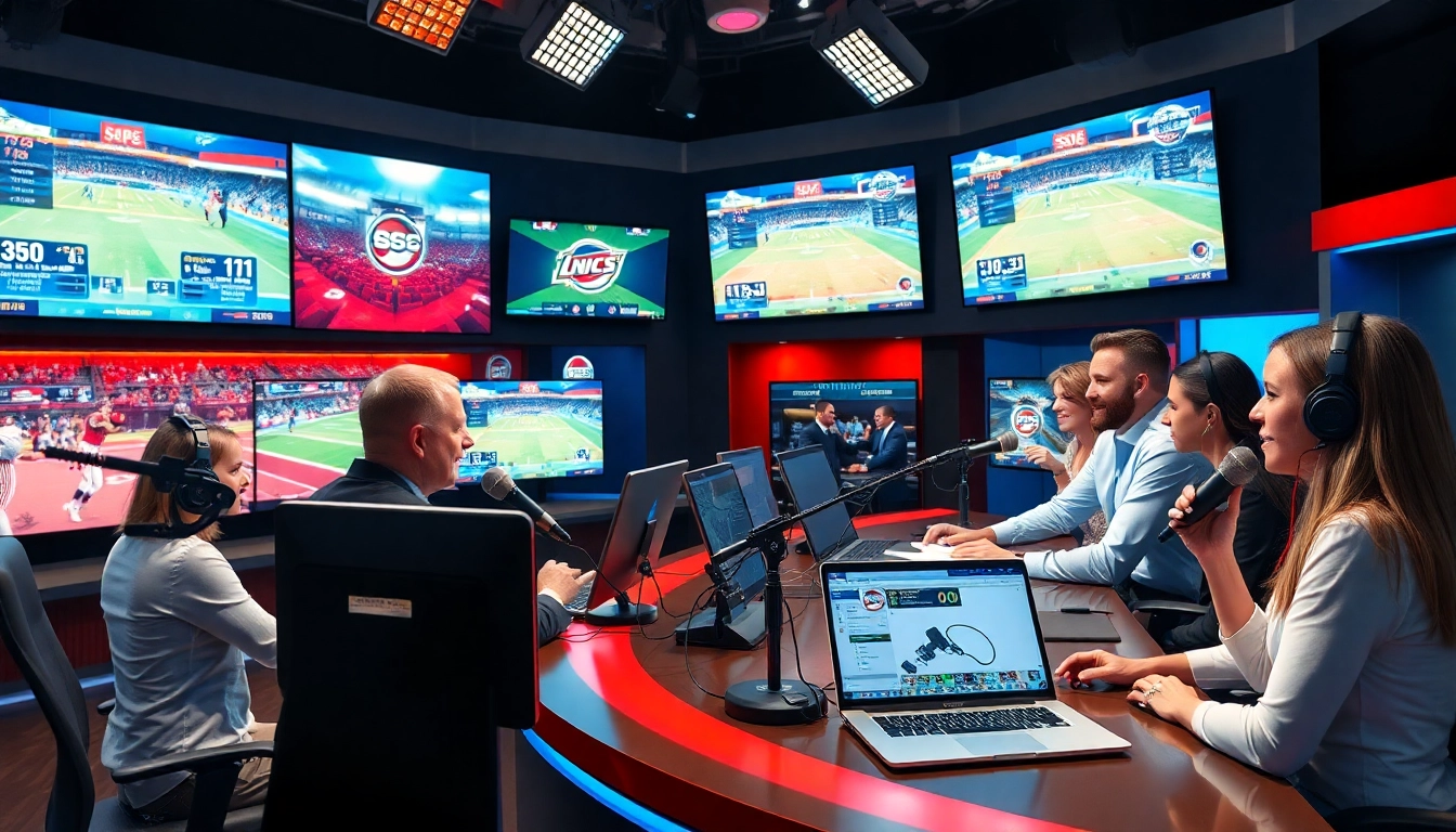 Dynamic sports broadcasting studio featuring hosts and high-tech equipment.