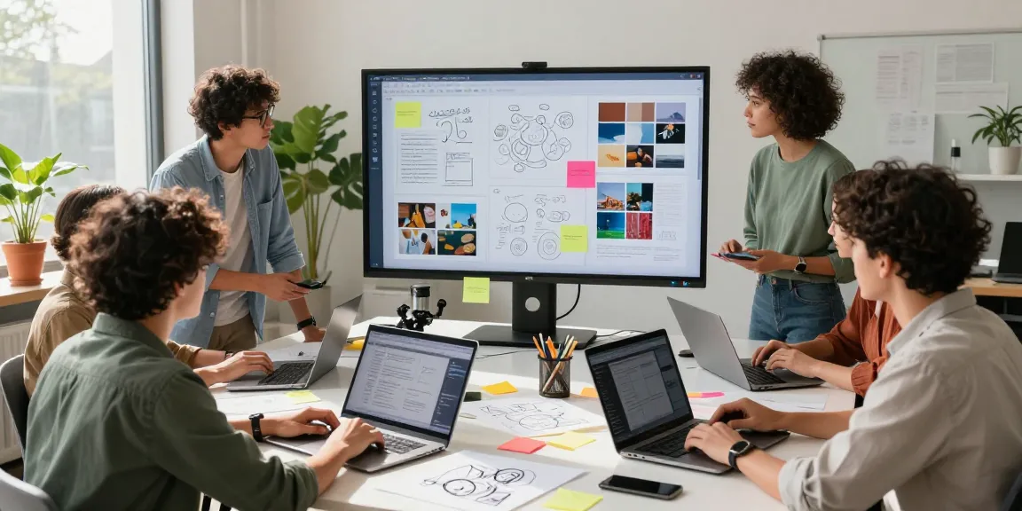 A team collaborating on a mixboard in a modern workspace, showcasing creativity and teamwork.