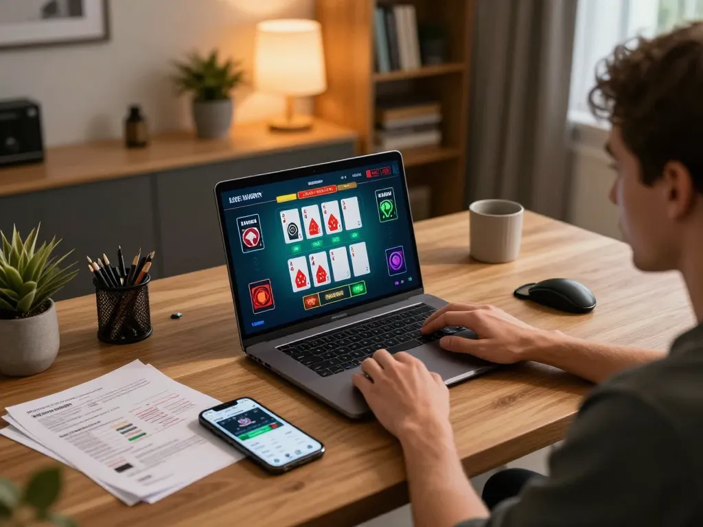 Kubet user strategizing during live dealer blackjack session on a laptop in a cozy home office.