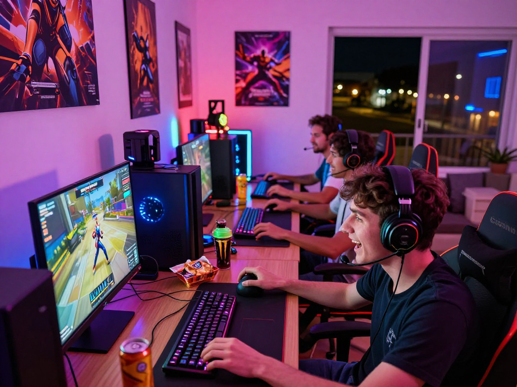Engaging gaming scene showcasing gamers enjoying situs raja328 multiplayer action in a vibrant home environment.