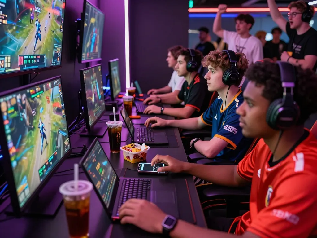 Esports betting Singapore with diverse gamers intensely focused on live matches, showcasing betting culture and excitement.