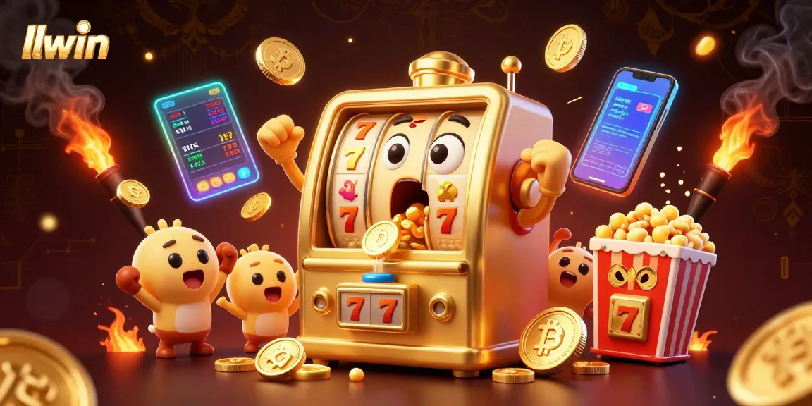 llwin features a vibrant scene of a golden slot machine celebrating its jackpot amidst cheering baby slot machines and crypto elements.