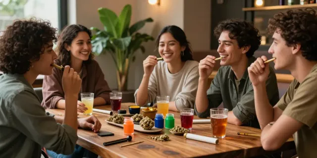 Friends enjoying gold seal hash in a cozy smoke lounge atmosphere.