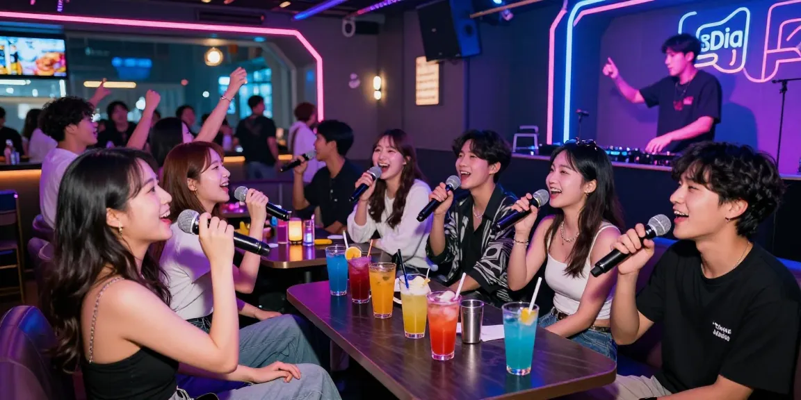 Exciting 제주유흥 experience at a lively karaoke bar in Jeju City with friends, colorful drinks, and vibrant nightlife atmosphere.