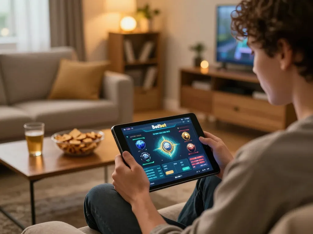 Engaging user playing betbet online casino app in a cozy home setting with snacks.