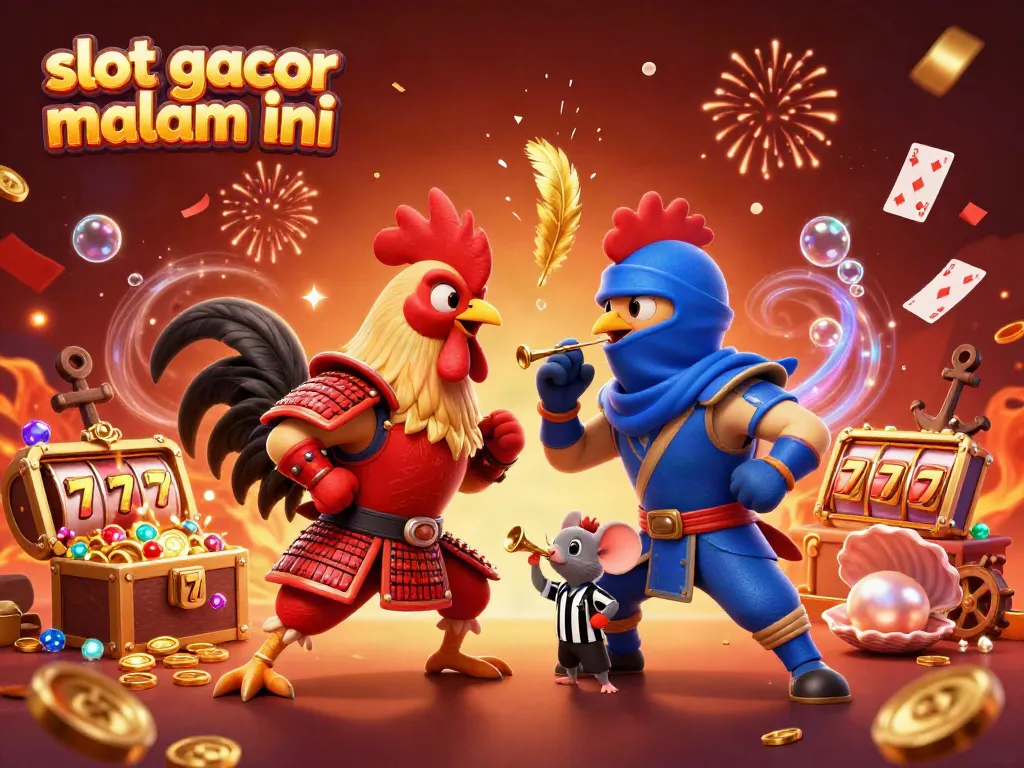 Temukan slot gacor malam ini dengan permainan bertemakan ayam laga, dikelilingi harta karun dan simbol slot.