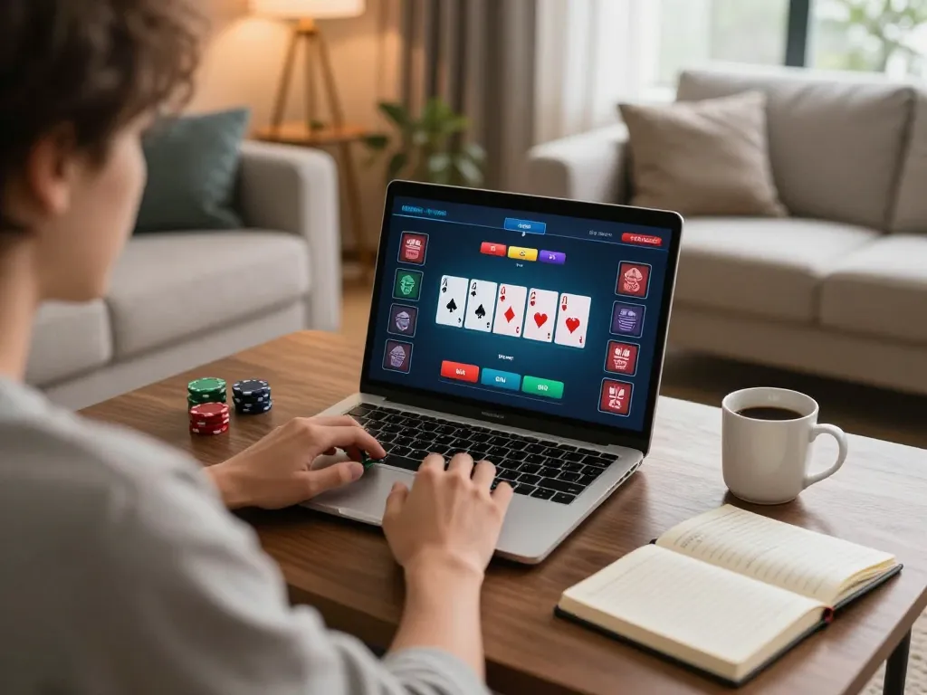 Player engaging in online poker on dn88s platform with strategies noted in cozy living room.