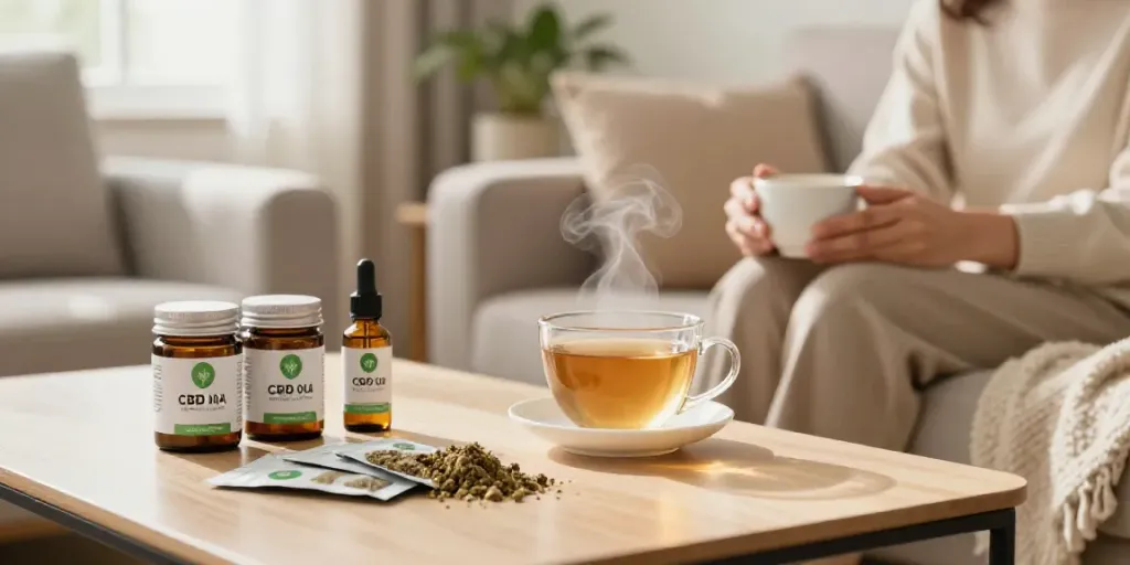 Entspanntes Wohlfühlambiente mit CBD Produkten und Teetasse kaufen.