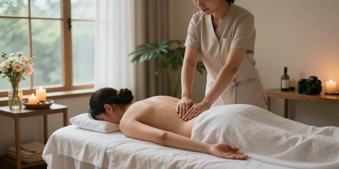 Relaxing Swedish massage session in a serene spa, therapist gently working on client.