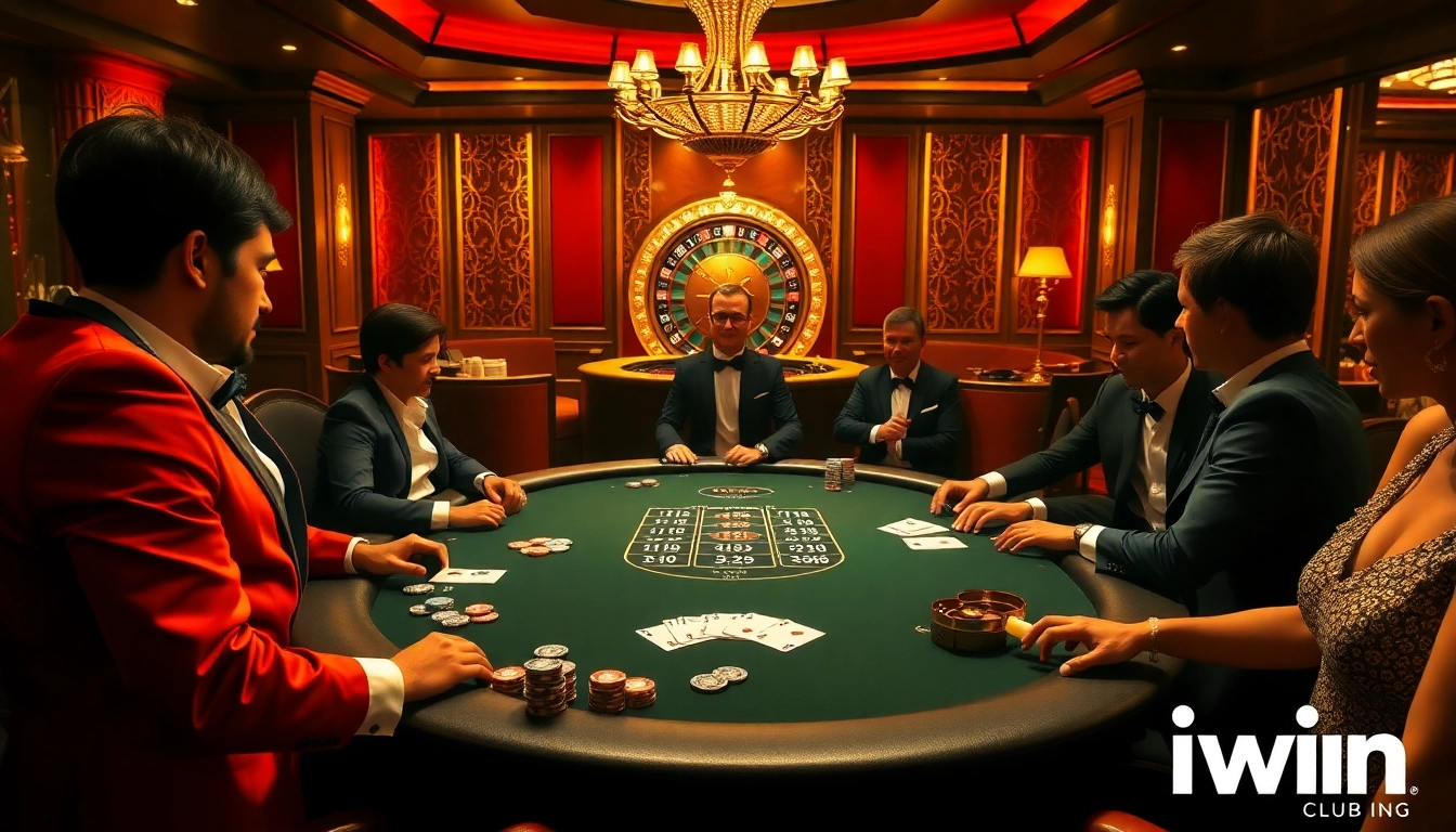 Players competing at an iwin club poker table in a luxurious casino setting.