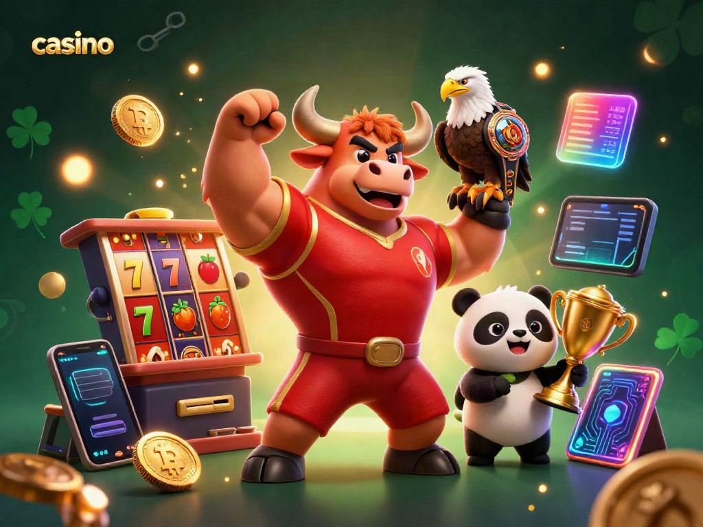 Engage in thrilling casino action with a muscular bull mascot, eagle, and panda in a dynamic victory scene.