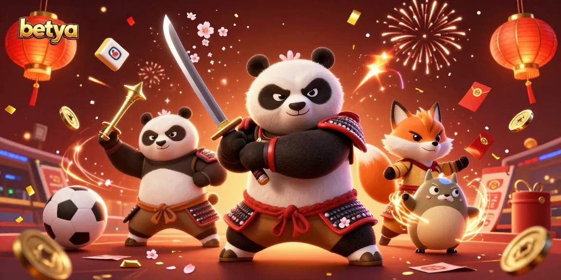 Betya brings excitement to sports betting, showcasing a dynamic scene with samurai panda and ninja fox!