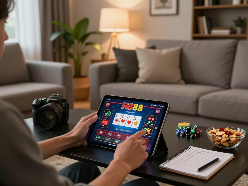 Player enjoying online gambling on HB88 app in a cozy home setting with tablet.