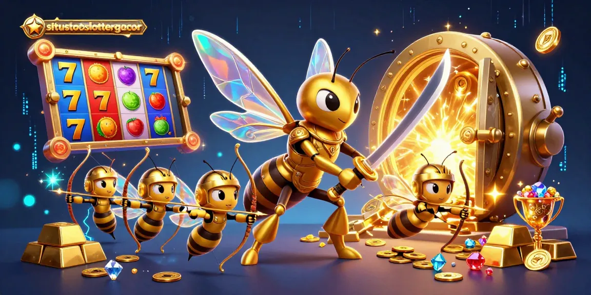 Experience the excitement at situstotoslottergacor with a vibrant 3D casino-themed illustration showcasing a golden hornet and gaming elements.