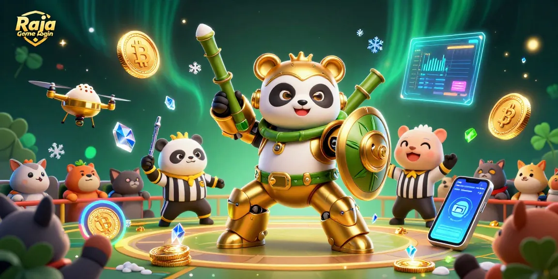 Play Raja game login with a dynamic cartoon scene of a golden panda and colorful crypto elements.