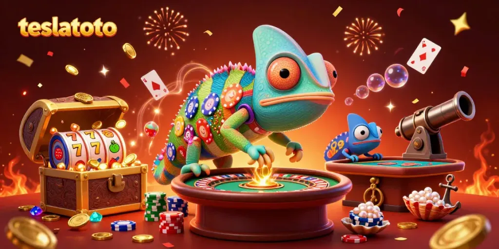 Engage with teslatoto's vibrant 3D casino scene of a chameleon owner amidst thrilling gaming elements.