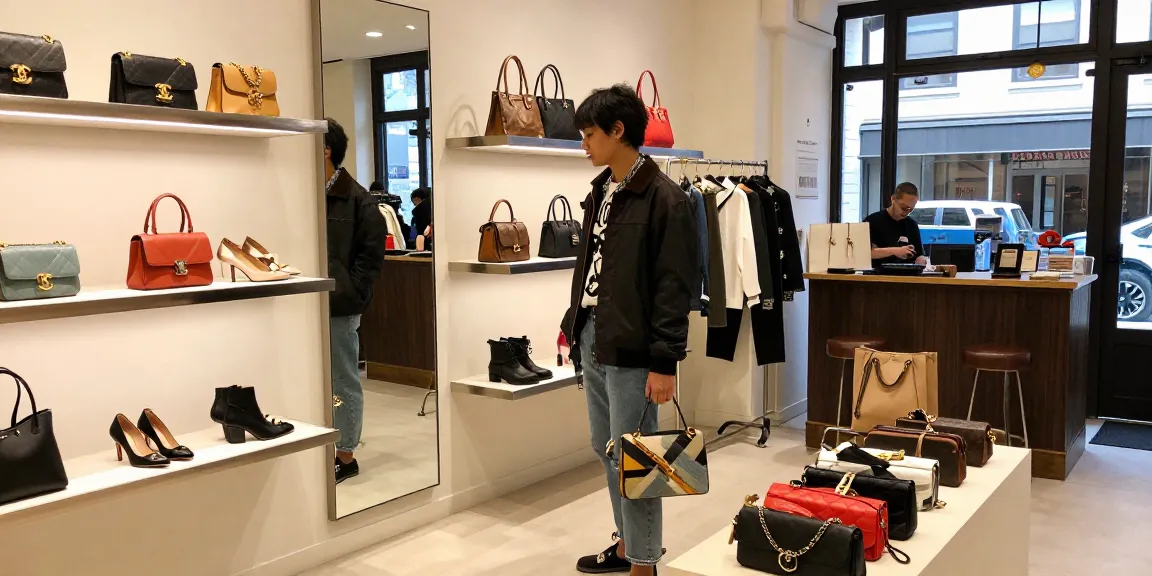 A stylish shopper exploring high-quality 레플리카 사이트 products in a chic boutique setting with modern decor and elegant displays.