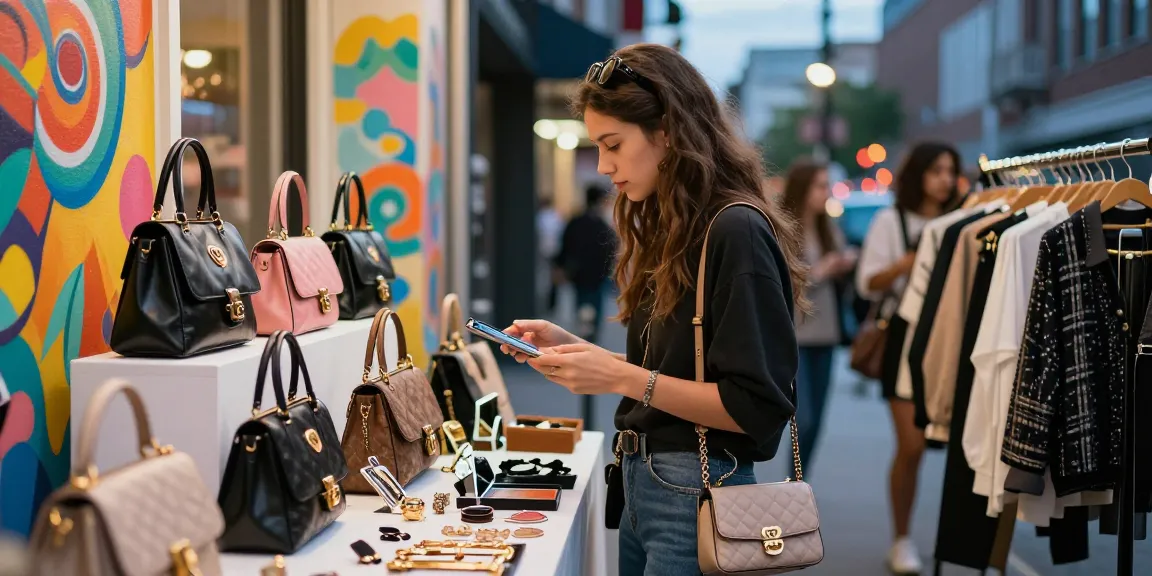 Dynamic scene at a 레플리카 쇼핑몰 showcasing trendy premium replica items in an urban setting.