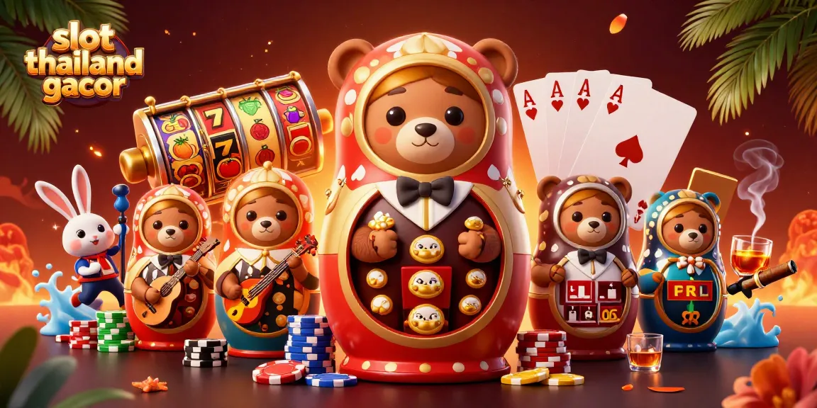 Experience slot thailand gacor in a vibrant 3D illustration featuring bears and casino elements.