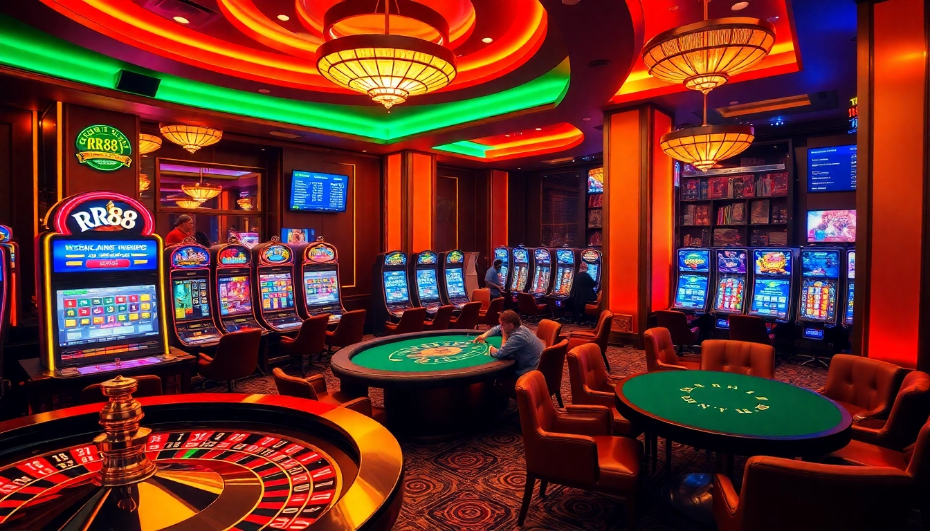 Experience thrilling gaming action at RR88 with vibrant casino tables and high-energy players.