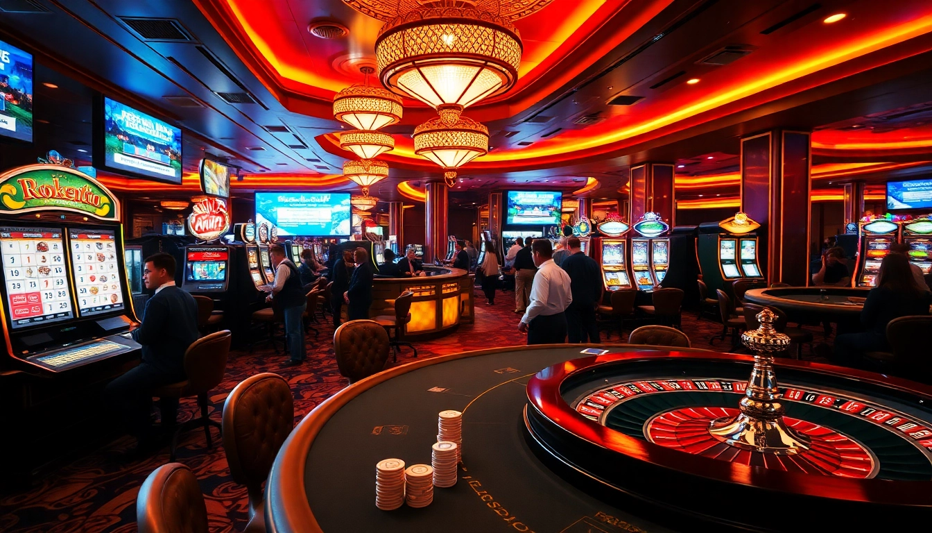 Experience the thrill of gambling as you নিবন্ধন করুন at a luxurious casino, featuring a bustling poker table and illuminated slot machines.