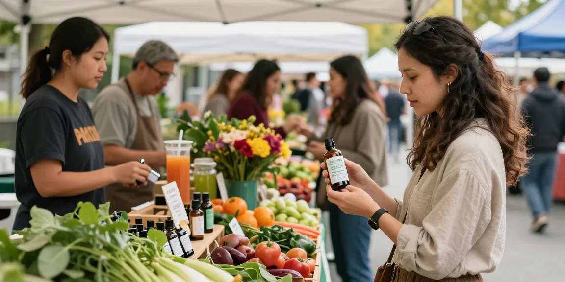 Person examining high-quality cbd oil canada at vibrant outdoor market.