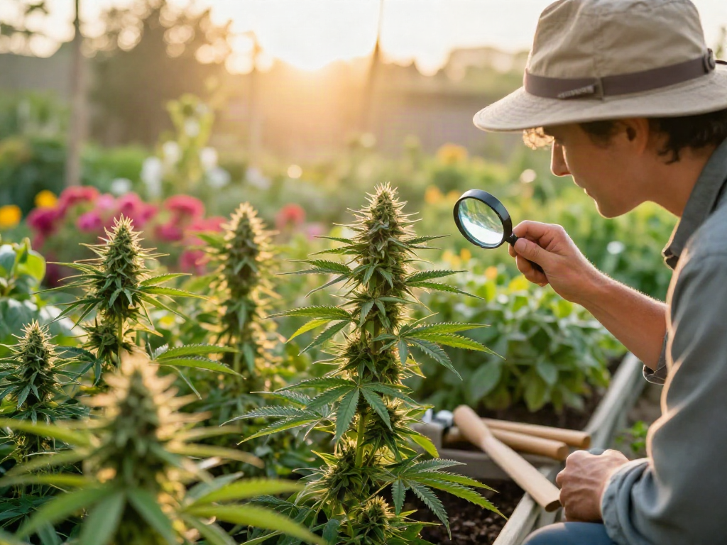 Growing regular seeds in a vibrant outdoor cannabis garden at sunrise.