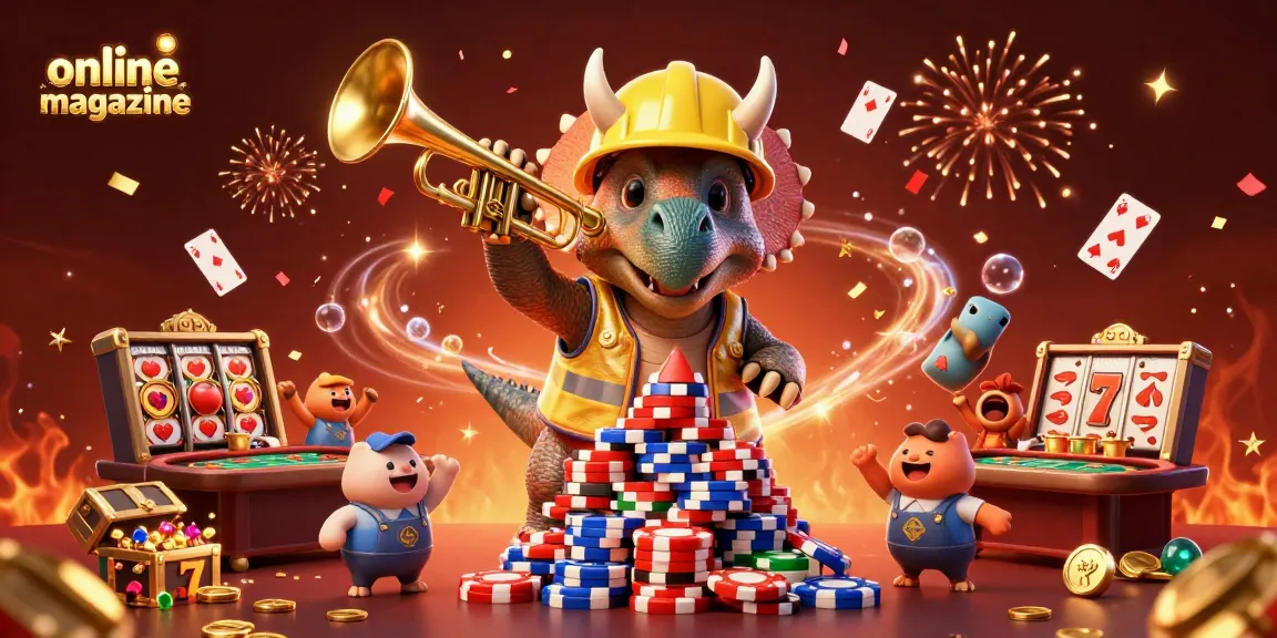 Engage with exciting gameplay in our online magazine featuring a triceratops celebrating poker wins!