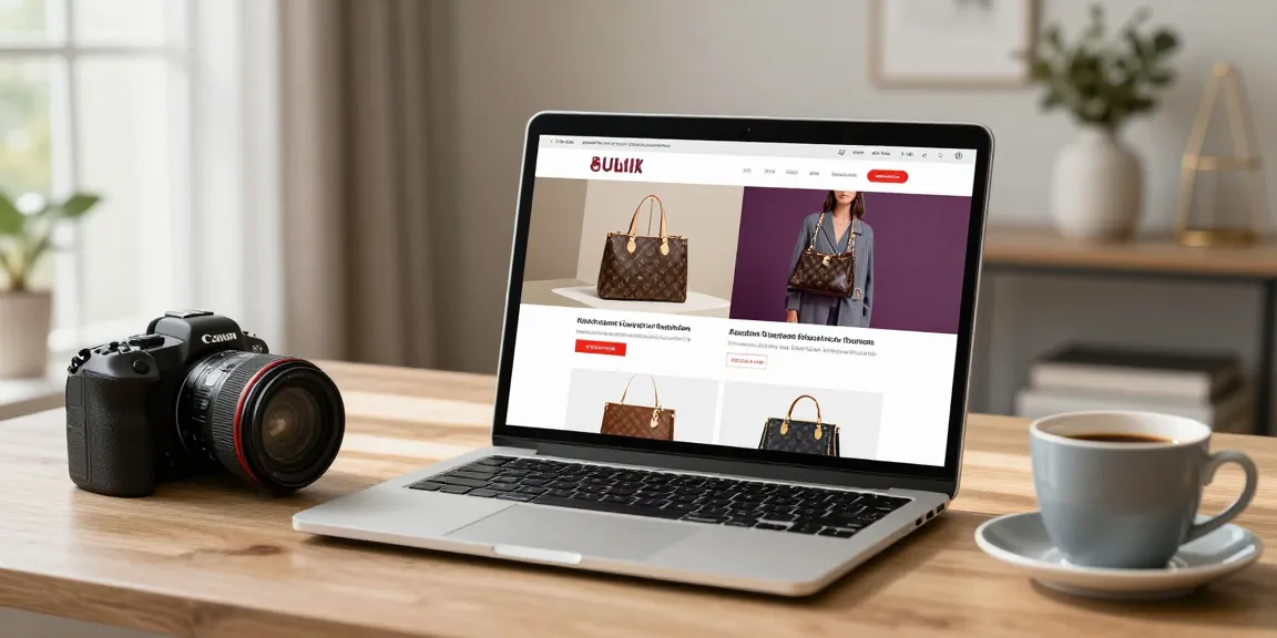 Shopping for luxury replicas at a modern e-commerce site for 레플리카 사이트, showcasing stylish items in a chic home office.