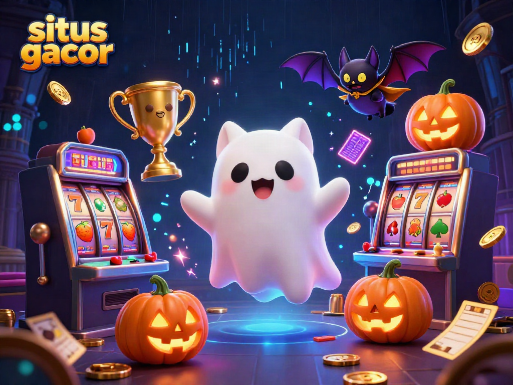 Experience situs gacor magic with a ghost cat floating amidst vibrant casino elements.