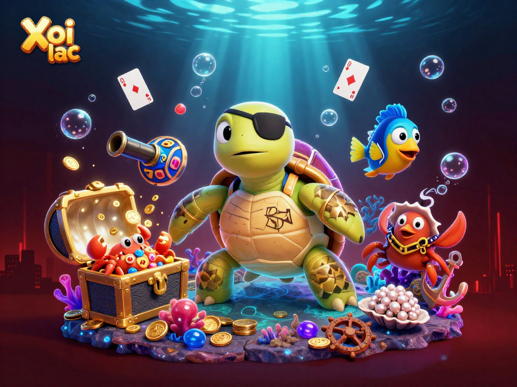 Xoi lac brings excitement with a dynamic 3D cartoon scene of a pirate turtle and treasures.