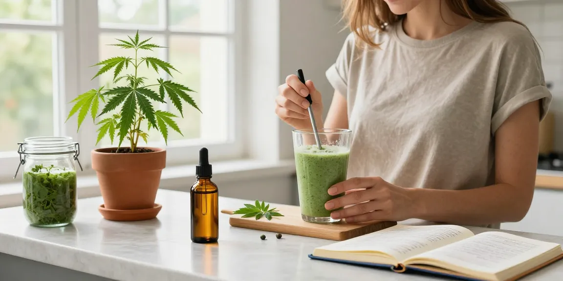 Muha Meds CBD oil bottle on a kitchen counter blending natural wellness elements with fresh ingredients.