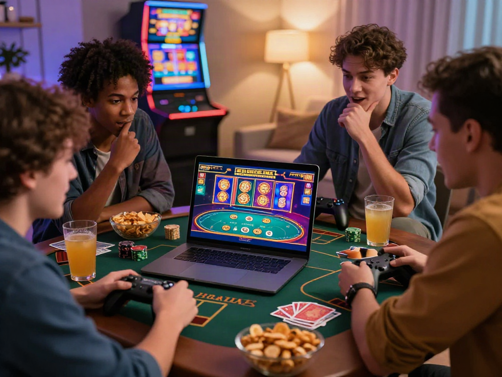 Friends exploring bro138 link alternatif for online gaming excitement in a cozy atmosphere.