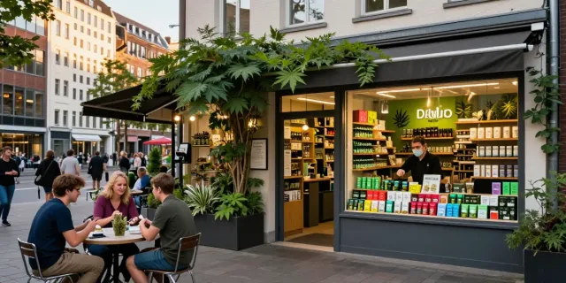 Cannabis düsseldorf storefront with engaging atmosphere in urban setting