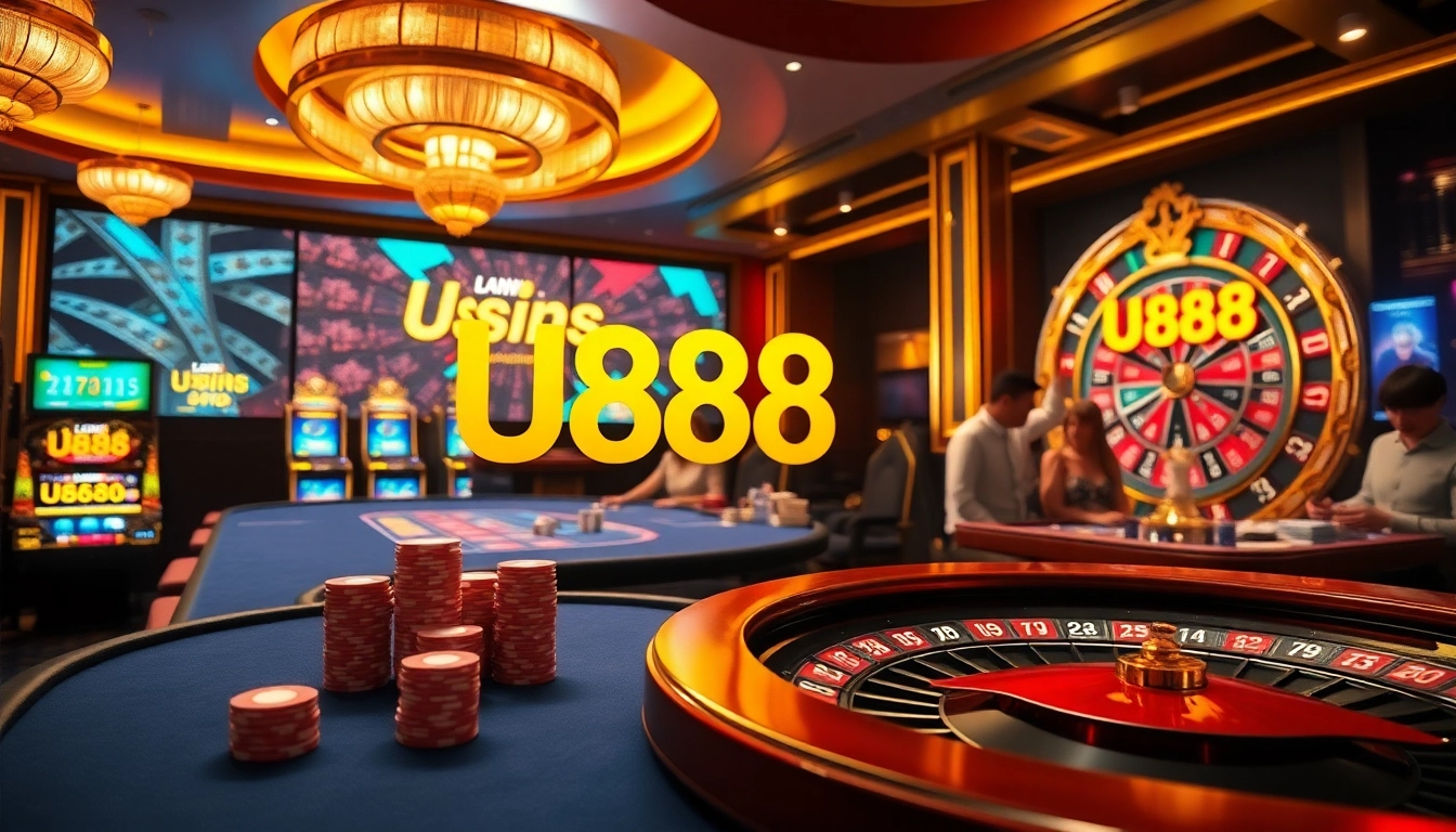 Experience the thrill of U888 at a luxurious casino with vibrant slot machines and eager players.