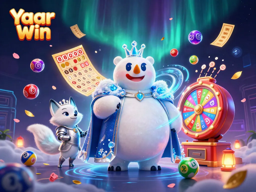 Engage in Yaar Win with colorful lottery balls and vibrant gaming elements in a dynamic casino scene