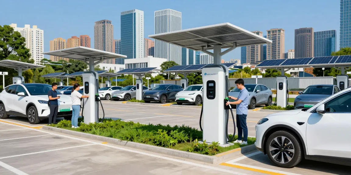 EV charger manufacturer showcasing modern charging solutions with electric vehicles in an urban setting
