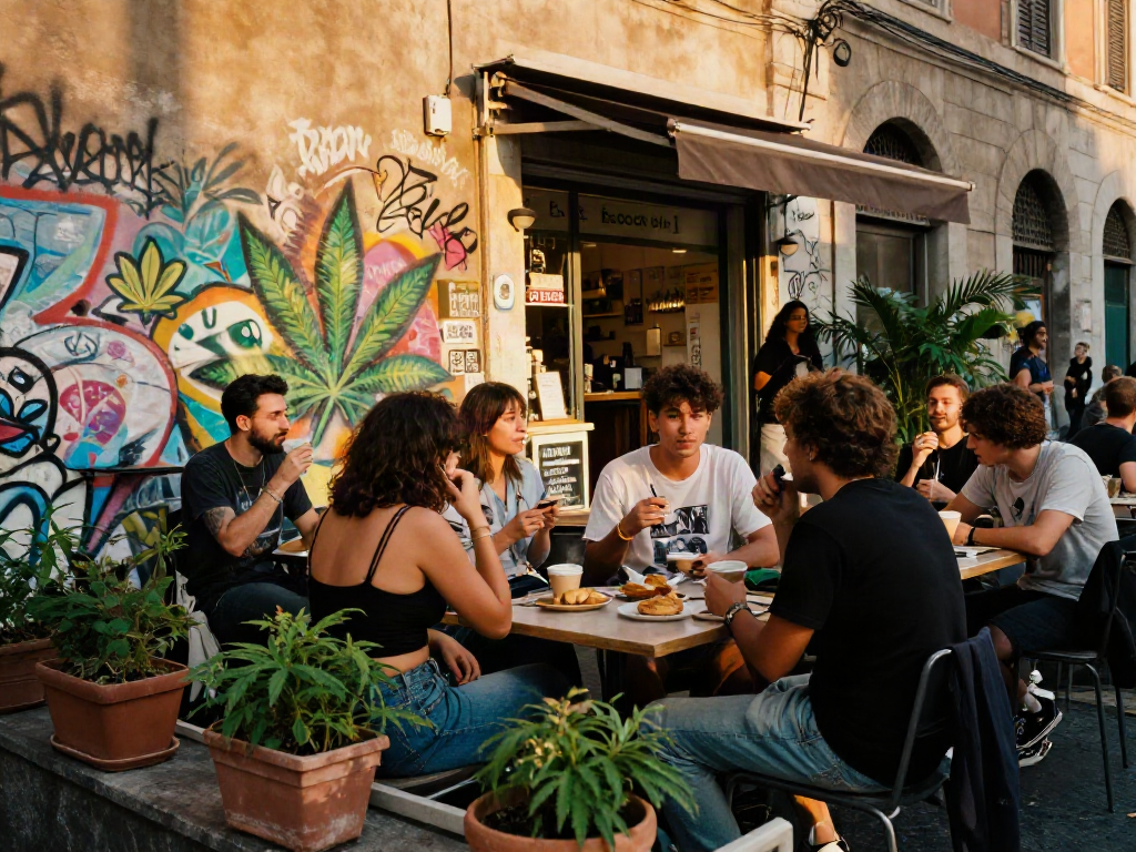 Weed Rome culture scene with friends enjoying cannabis discussions at a café in vibrant Rome.