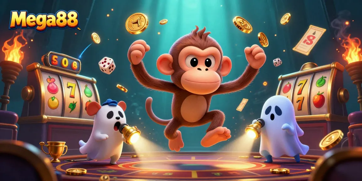 Jelajahi mega88 dengan mesin slot dan simbol keberuntungan dalam ilustrasi keamanan kasino yang menyenangkan.