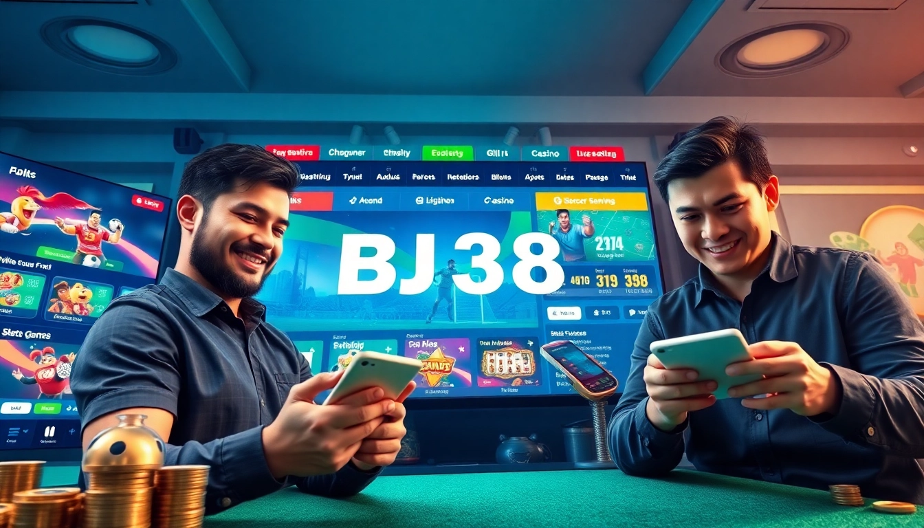 Interactive online gaming platform interface featuring BJ38 cockfighting and casino games.