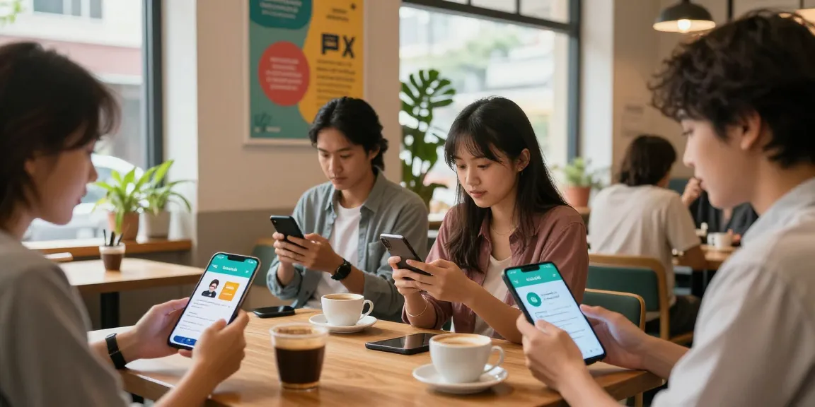 Users engaging with rokok88 super app in a cozy cafe.