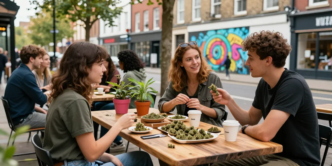 Engaging scene in Milton Keynes showing a diverse group discussing weed plug options with cannabis strains on display.